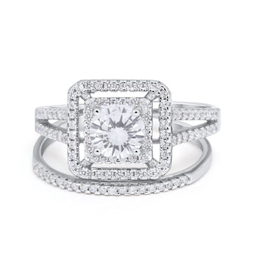 Halo Round Simulated Cubic Zirconia Engagement Bridal Piece Ring 925 Sterling Silver